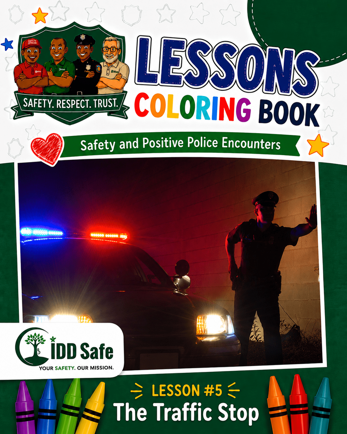 Coloring book cover showing police officers, a patrol car with flashing lights, and the title "Lessons Coloring Book: The Traffic Stop—Safety and Positive Police Encounters."